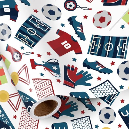 RUSPEPA Fußball-Geschenkpapierrolle für Jungen, Mini-Rolle, Fußballmotiv mit Trikot, Anzeigetafel, Pokal und Fußball, Geschenkpapier für Sportgeburtstage und Spielpartys, 43,2 cm x 5 m