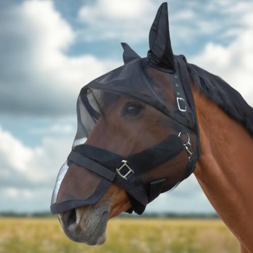 PFIFF 103125 Fliegenmaske „Big Eye“ mit UV-Schutz, Abnehmbarer Nasenschutz, Insektenschutz, atmungsaktiv, Schwarz, Full