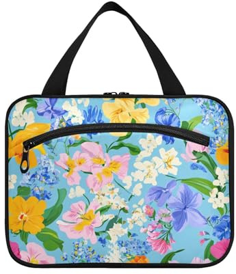 Spring Flowers Orchid Pansy Hyacinths Blue hanging travel makeup bag for women with hook, designer compact kit bag for travel accessories for women travel bolso de mano para hombre L, spring Flowers