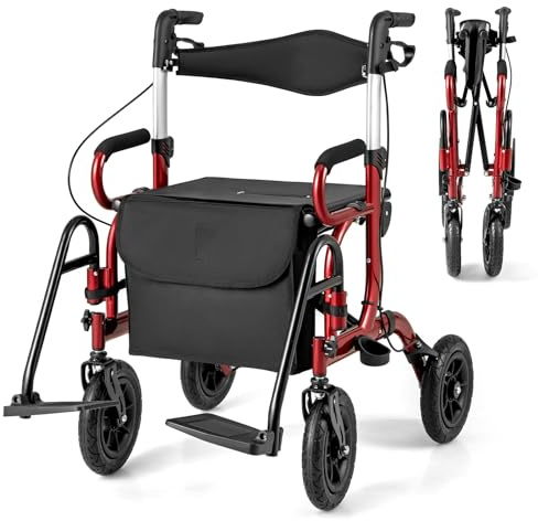 GOPLUS 2 en 1 Andador para Ancianos, Silla con Ruedas de Aluminio Ligero con Alturas Ajustables, Neumáticos para Todo Terreno, Caminadores para Mayores/Discapacitadas (Rojo)