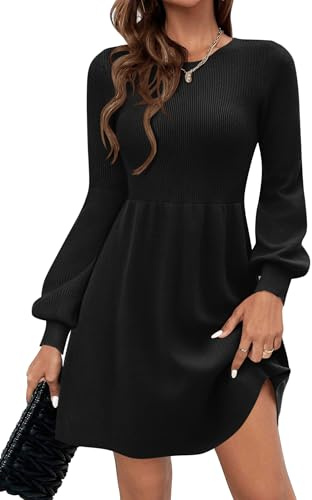 Zeagoo Winter Dresses for Women UK Knitted Dress Crew Neck Puff Sleeve Dresses Ladies Sweater Dress for Fall Winter Black M