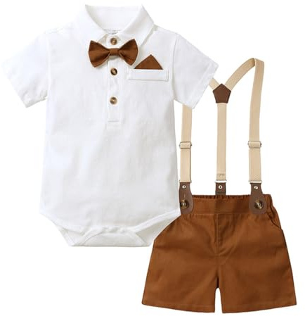 HEOXIN Completo Gentiluomo Neonati, Camicia a Maniche Corte con Papillon + Bretelle e Ghettine, Tutina Neonati Maschi Bambino Completo Estivo Autunno Ragazzo, Marrone 6-9 Mesi