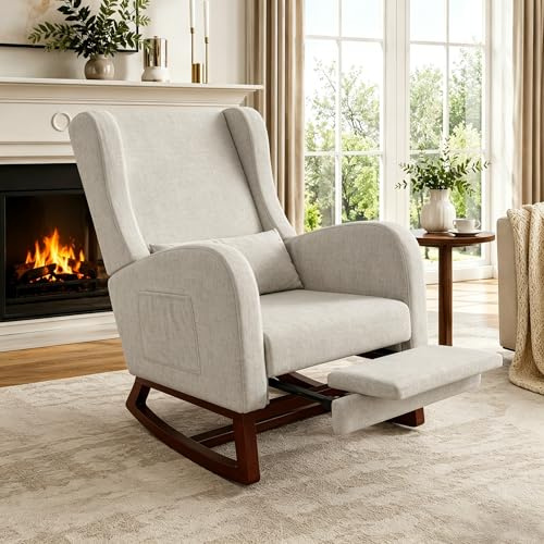 HYNHXBP Poltrona a Dondolo Ergonomica, con Braccioli e Tasche Laterali, Sedia da Allattamento con Cuscini, Struttura in Legno Massello, Chaise Longue per Soggiorno o Camera da Letto (Grigio)