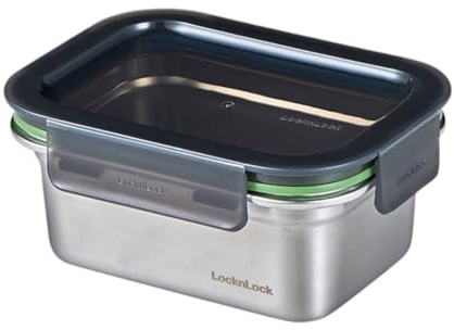 LocknLock 2 Contenitori per Alimenti in Acciaio Inossidabile, Rettangolare 500ml, Contenitore Ermetico con Coperchio, Adatto per Microonde e Lavastoviglie, 14,6 x 10,7 x 6,8 cm, Argento