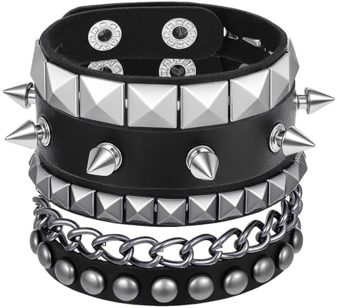 LIQWEI 3 Stück Unisex Punk Besetztes Armband, Punk Rock Lederarmband Nietenarmband Schwarz Gothic Armreif Rock Armband Set Erstellbare Wraparmband ManschetteFür Kostümparty Konzert Grunge