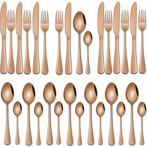 Juego de Cubiertos 32 Piezas Oro Rosa Acero Inoxidable, Incluye Cuchillos, Cucharas Soperas y Tenedores, Servicio para 8 Personas, Ideal para Cocinas y Hoteles