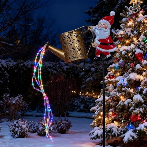 Cikiki Christmas Solar Kettle Lights Garden Lawn Decorative Lights, Hanging Metal Solar Santa Claus Watering Can with LED Light, Vintage Waterproof Outdoor Lantern Decoration for Pathway Patio