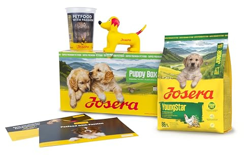 JOSERA Puppy Box | Youngstar mit Huhn & Kartoffel (6-TLG.) für Hundewelpen | Willkommenspaket mit getreidefreiem Trockenfutter, Spielzeug & Meßbecher | Für Welpen aller Größen ab der 6. Lebenswoche