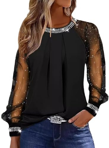 Camiseta Brillo Mujer Fiesta Elegantes Blusas Encaje Manga Larga Transparentes Top Lentejuelas Cuello Redondo Brillante Sueltas Camisas Tallas Grandes Chic Moda Sparkly T-Shirt Ropa de Festivas