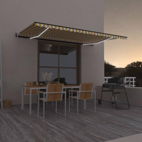 Tenda da sole da balcone, con braccio articolato, verticale, con sensore di vento a LED, 500 x 300 cm, colore giallo, bianco, per terrazze, balcone, facile da montare senza forare, versatile