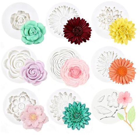 9PCS Silicone Flower Moulds, 3D Daisy Chrysanthemum Rose Candle Moulds for Crafting, Reusable Food-Grade Soap Moulds & Chocolate Moulds for Cake Decorating Cupcake Topper