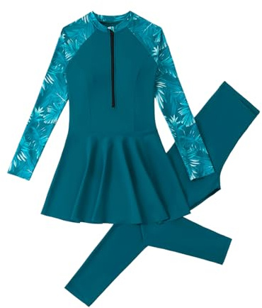 Muslim Swimsuit for Women Two Pieces Modest Swimwear Full Length Tropical Print Long Sleeve Swim Top with Pants Tankini Set Bathing Suit