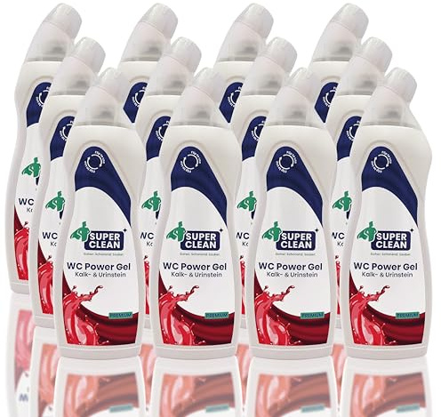 SUPER CLEAN WC POWER GEL 12 x 750 ml – premium WC-rengöringsmedel mot kalk och urinsten – självhäftande toalettgel med körsbärsdoft – mild och utan GHS-märkning – tillverkad i Tyskland