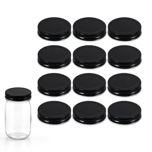 SUPVOX 12pcs 70mm Mason Jar Lids Tinplate Replacement Caps Black | With silicone sealing rings for a secure fit, suitable for jar storage, canning projects and replacing worn lids