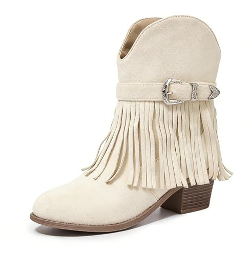 Stivaletti alla Caviglia in Daino Western da Donna con Frange Tacco Medio Chunky Modello Cowgirl Facile da Indossare Calzature in Stile Boho per Concerti Country Feste a Tema Matrimonio e Ballo