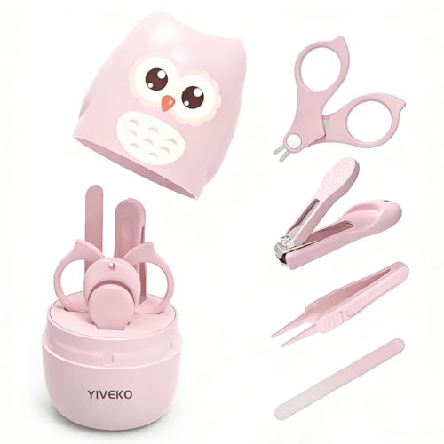 YIVEKO Baby nagelkit, 4-i-1 baby nagelvårdsset med sött fodral, baby nagelklippare, sax, nagelfil och pincett, baby manikyrkit och pedikyrkit för nyfödda, spädbarn, småbarn, barn uggla rosa