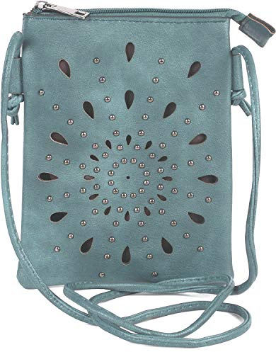 styleBREAKER Damen Mini Umhängetasche Blumen Cutout Nieten | 14x19 cm Crossbody Bag im Boho Style, 1 Hauptfach mit Zipper, 1 Steckfach hinten, 130 cm Schultergurt aus Kunstleder.