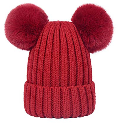 Martin Kench Damen Unisex Mütze Strickmütze Fellbommel Bommel Strick Mütze Winter-Mütze Bommelmütze mit 2 Bommeln (Weinrot,M: 36-60cm)