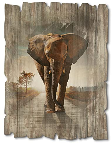 ARTland Wanddeko Bild aus Holz Holzbild vintage Deko 30x40 cm Hochformat Afrika Safari Tiere Elefant Savanne Himmel Sonnenaufgang T9QO