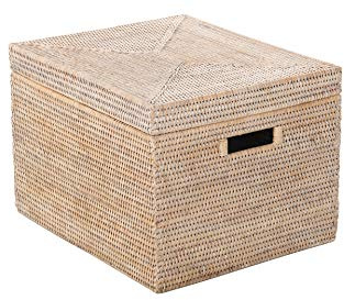 KOUBOO La Jolla Rattan Box Basket - Wicker Storage Basket with Lid, Decorative Storage, Toy Box, Laundry Hamper, Kitchen, Living Room Storage Bin, White-wash