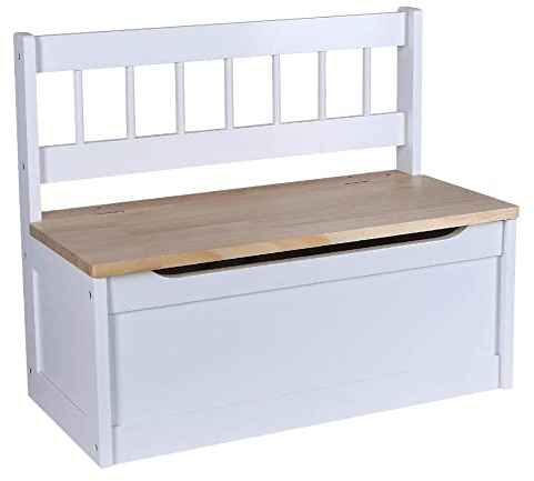 Kinder Sitztruhe weiß Truhenbank mit Stauraum und Deckelbremse, Spielzeugtruhe Sitzbank 60cm Kinderbank Holz lackiert