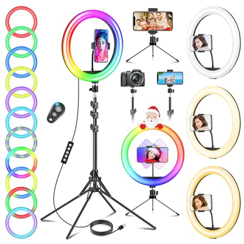 11.5'' Ring Light with Tripod Stand & Phone Holder Tall, GerTong LED Professional Selfie Circle Ringlight with Remote for Makeup YouTube, Floor/Desk USB Halo Lamp with 40 RGB Modes 13 Brightness