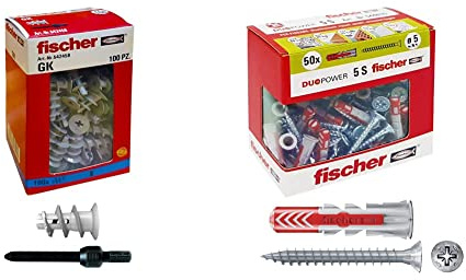 Fischer, 542458, 100 Tasselli GK, Specifici per Cartongesso, Include Accessorio di Montaggio & 50 Tasselli Duopower con Vite, 5 x 25 mm, per Muro pieno, Mattone Forato, Cartongesso, 544015