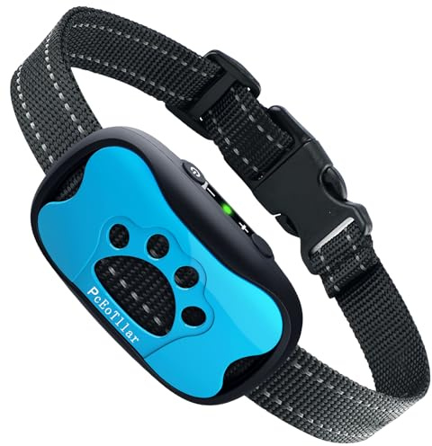 PcEoTllar Rechargeable Bark Collar with Vibration & Beep, No Shock, Blue | Anti-bark collar with 7 sensitivity levels (no shock) for Dog, filters background noise waterproof for indoor/outdoor use.