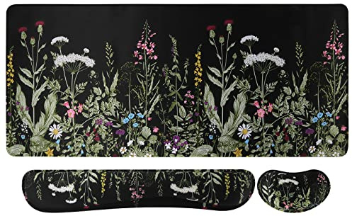 iCasso Mauspad-Set, Erweitertes Gaming-Mauspad+Tastatur-Handballenauflage+Handgelenkauflage, Erweitertes Schreibtisch-Pad, rutschfestes wasserdichtes Mauspad für Arbeit Spiele, Wildblume