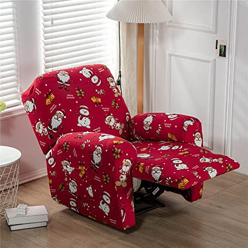 Highdi Stretchhusse für Relaxsessel Sesselbezug 4-teiliges Set, Komplett Sesselschoner Weihnachtsstil Rot Ruhesessel Bezug für Fernsehsessel, Liege Sessel, Recliner Sessel (Santa Klaus)