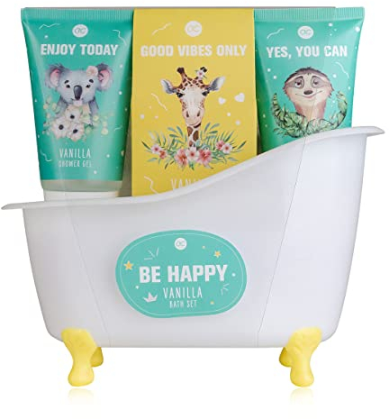 accentra - Ensemble de bain et douche BE HAPPY au parfum de vanille - coffret cadeau pour les femmes pour se détendre - coffret cadeau et soin bien-être 5 pièces avec mini baignoire décorative blanche