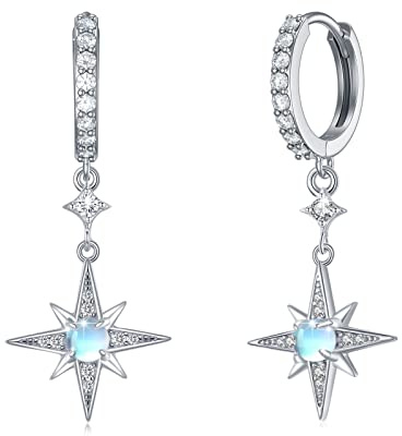 REDSUN Mondstein Ohrringe 925 Sterling Silber Achtzackiger Stern Sonne/MoonHänge Ohrringe Regenbogen Mondstein Schmuck für Mädchen Mutter Tochter Damen Freundin Geschenk