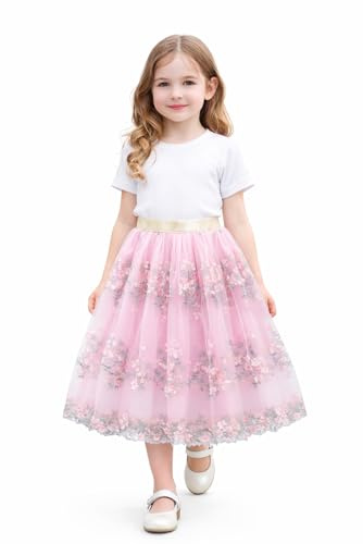 es-uk Nätkjolar för flickor – elastisk midja nätkjol med broderad blomma, tutu, balklänningar för barn, blå tutu barn, balettkjol, svart tutu, Rosa, 10-11 År