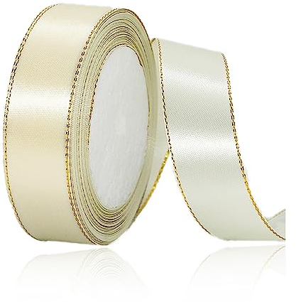 Geschenkband Creme 20mm Breit, 23 Meters Goldränder Satinband Beige Geschenkbänder Stoff Schleifenband Dekoband zum Geschenkverpackung, Bastelarbeiten, Geburtstag und Hochzeitsdekoration