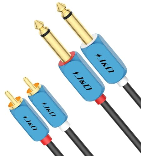 J&D Câble Audio Stéréo Double 1/4 de Pouce TS vers Double RCA, Câble RCA vers 1/4 avec Connecteur Plaqué or et Coque en Alliage d'Aluminium Robuste pour Home Cinéma, Amp, Systèmes Hi-Fi, 2 M