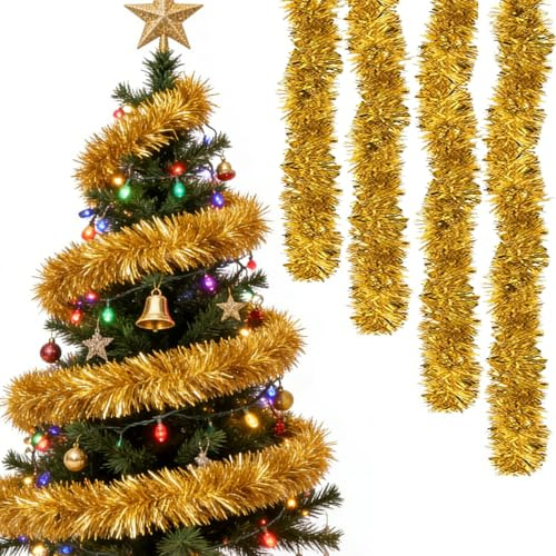 4X Lametta Girlande Gold–8m Lametta girlan-de Weihnachten(4 Stück à 2m) Buschige Weihnachtsbaum Girlande,ametta girlan-de,weihnachtsbaumgirland,Biegsame Christbaum Girl-ande für Fenster & Tannenbaum