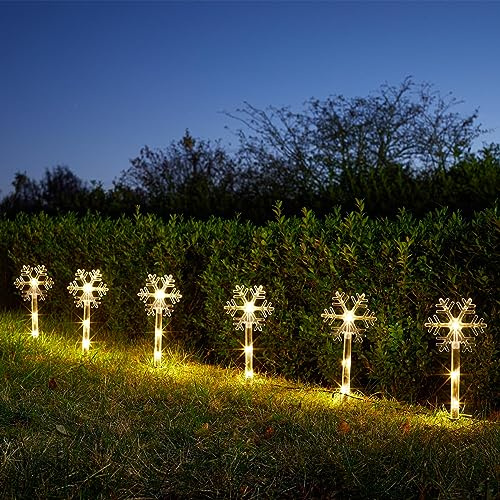 Festive Lights - 8 Pack 35cm Christmas Snowflake Battery Powered Stake Lights - 24 Warm White LEDs, Indoor Outdoor Decoration, 6 Hour Timer Function, Garden Pathway Display, 2.95m Black Cable