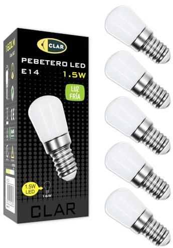 CLAR - E14 LED Glühbirne, 1,5W (Pack 5), Warmweiß, 6000ºK, 160 Lumen, 22mm, 51mm, 160 Grad, 25.000 Stunden, Energieeffizient, Kühlschrank, Lampen, Innenraum