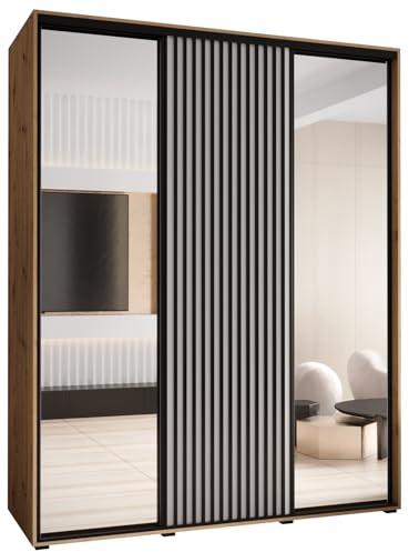 MEBLE KRYSPOL Lanko 2 Schrank mit DREI Schiebetüren mit Spiegel, Stange, Regalen - Moderner Aufbewahrungsschrank für Schlafzimmer, Wohnzimmer - 235,2x200x60 cm - Artisan Weiß Schwarz