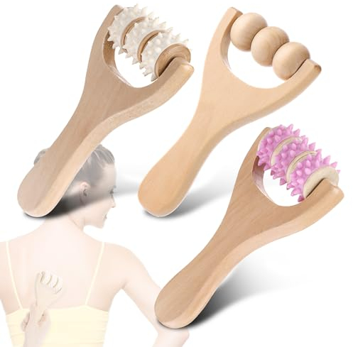 3 Stück Holz Massageroller, Rückenmuskel-Roller, Manuelle Holztherapie-Massagewerkzeuge,Massagegerät mit Griff Faszienrolle, zur Entspannung von Rücken, Bein, Händen, Ganzkörpermuskulatur