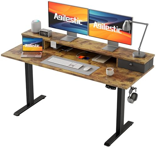 Agilestic Höhenverstellbarer Schreibtisch mit 2 Schubladen | Schreibtisch elektrisch 140 x 60 cm, Gaming Schreibtisch mit 2 Speicherplätzen, Computertisch für Homeoffice, Braun