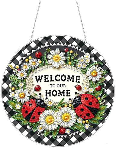 DIY Diamond Painting Pendentif avec chaîne, images de peinture diamant, 5D Diamond Painting Kits de décoration murale pour fenêtre, mur, entrée de jardin, coccinelle Bienvenue dans notre maison