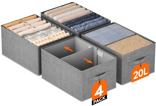 Lifewit 4 Stück Schrank Organizer Kleiderschrank mit Griff, 38 x 26 x 20 cm | Faltbarer Kleider Aufbewahrungsboxen mit EntfernbareTrennwand, Stoff Ordnungsboxen für Kleidung, Hosen, Socken