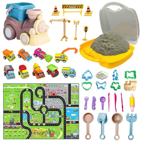 Koolbitz Bucket Beach Train & Space Sand Playset - 40PCS Portable Sandbox Toy Set with Non-Toxic Space Sand, Construction Vehicles, Molds, and Tools for Indoor & Outdoor Play Ideal for Kids Aged 3+