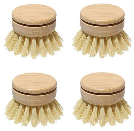 Wooden Washing Brush - 4 Pack Replacement Heads, Natural Bamboo Dish Scrubber