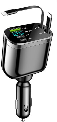 80W Zigarettenanzünder USB C, 5 in 1 Einziehbares Auto Ladegerät mit LED Voltmeter, USB Zigarettenanzünder Adapter Kompatibel mit iPhone 16/15/14/13, Pro Max, Samsung S24/S23 (Silber)