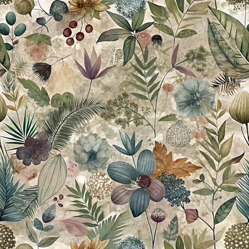Papier peint rétro motif plantes et feuilles vertes et bleues, 44,5 x 300 cm, papier peint en vinyle autocollant imperméable pour chambre à coucher, salon, armoire, salle de bain