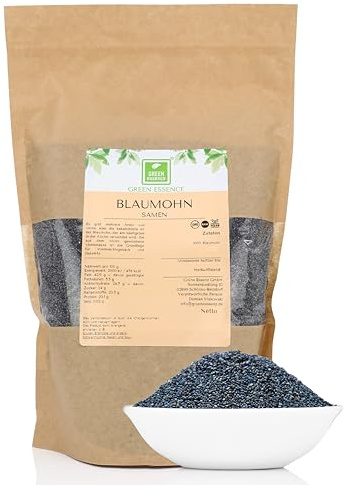 Blaumohn ganz 1kg von der Grünen Essenz - Mohnsamen zum Backen – Blaumohnsamen für Mohnkuchen - Ungemahlener Blauer Mohn Körner