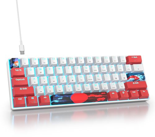 SbocKeeb Mini teclado mecánico para juegos con cable con iluminación LED azul, 61 teclas anti-ghosting, QWERTY de EE. UU. para PC y juegos de oficina (61, rojo y blanco)
