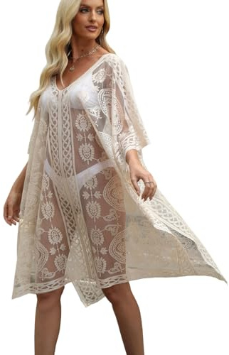 Hykiee Strandklänning dam sexig, elegant spets kimono badmode pareos och strandklänningar för kvinnor, baddräkt överkast överdimensionerad sommar strandponcho bikini cover up och fest, Beige, 20